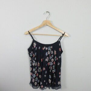 Club Monaco Silk Tank Camisole Womens Blouse S Navy Blue Floral Straps Casual 82